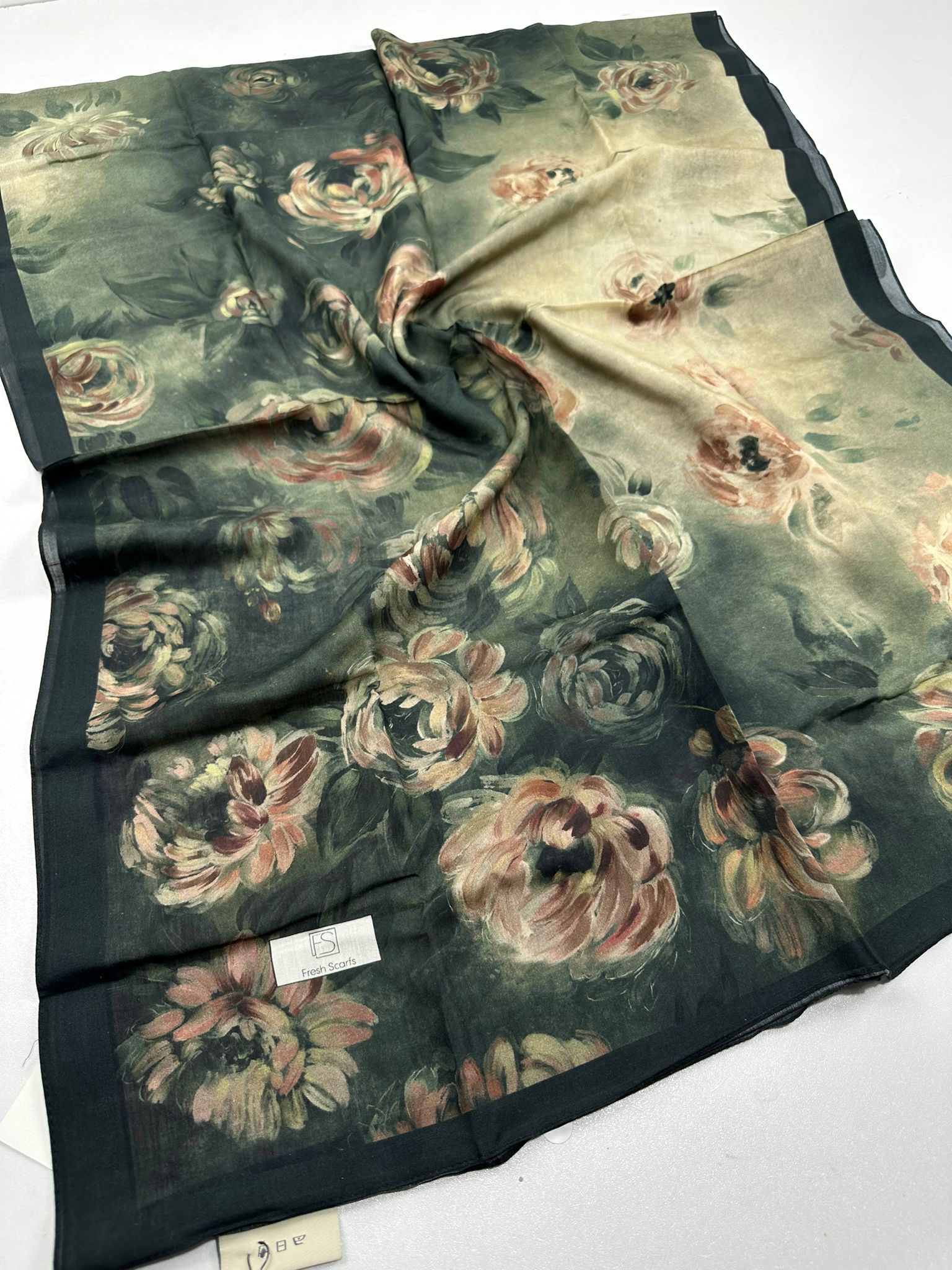 Fresh scarfs MADELEINE DESENLİ PAMUK VİSKON ŞAL Koyu Yeşil